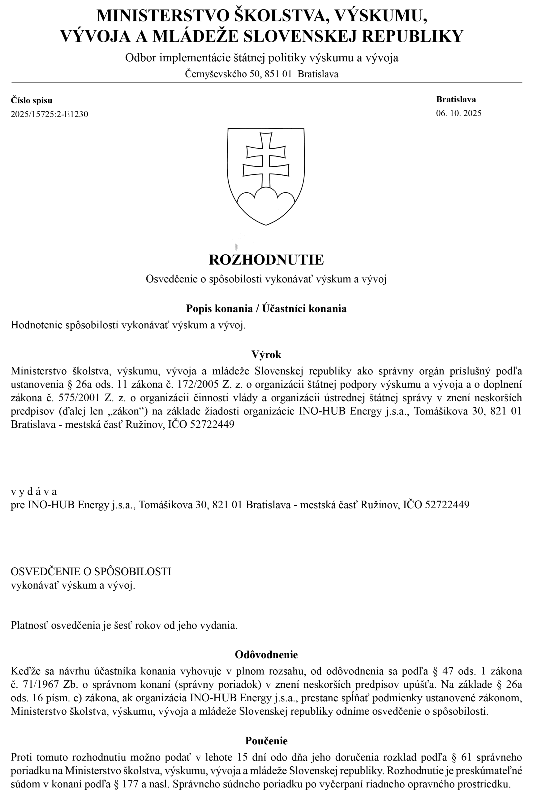 Osvedčenie o spôsobilosti vykonávať VaV (výskum a vývoj)